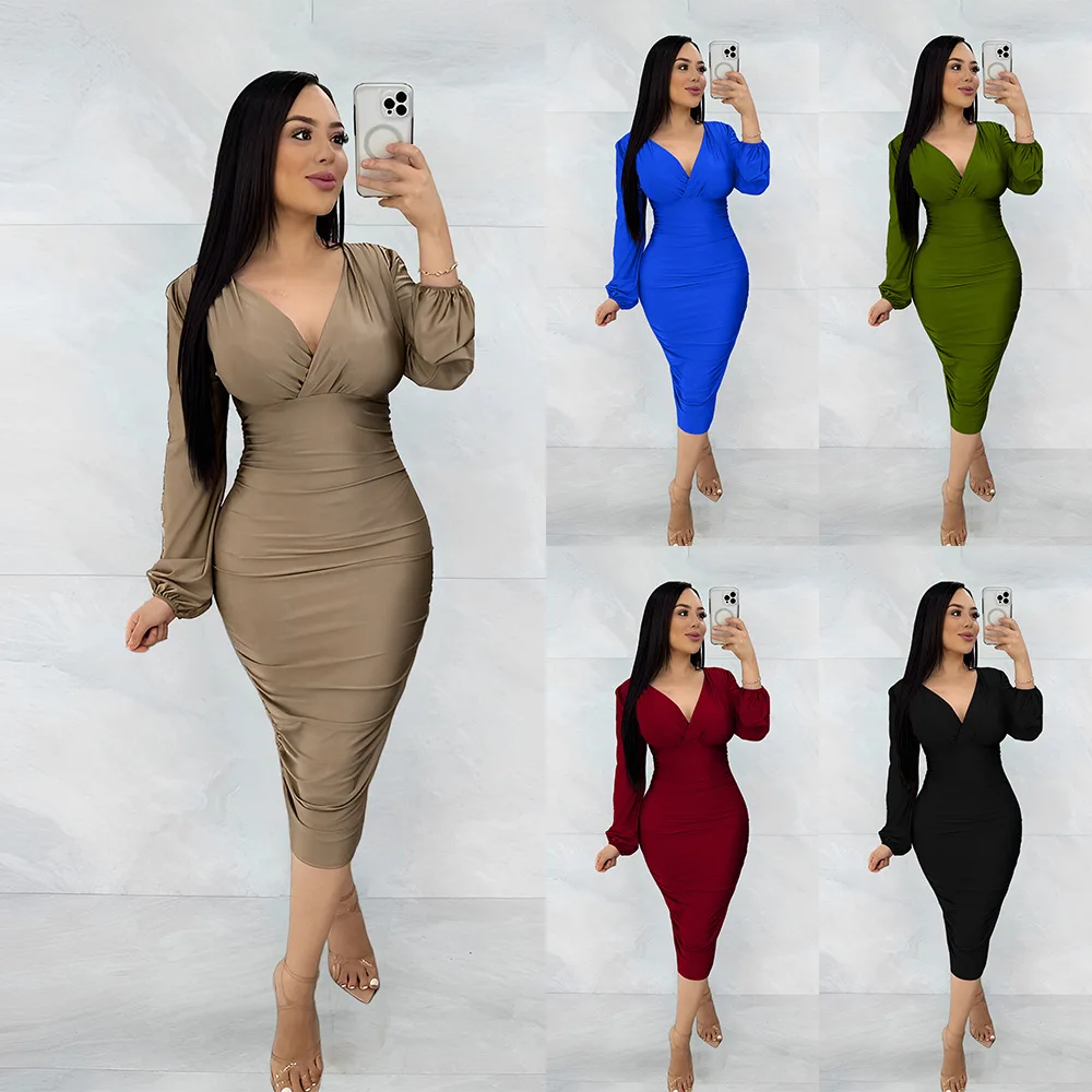 2023 Spring New Fashion V-neck Pleated Women Wrap Hip Dress Elegant Solid Color Female Vestidos
2023 Spring New Fashion V-neck Pleated Women Wrap Hip Dress Elegant Solid Color Female Vestidos