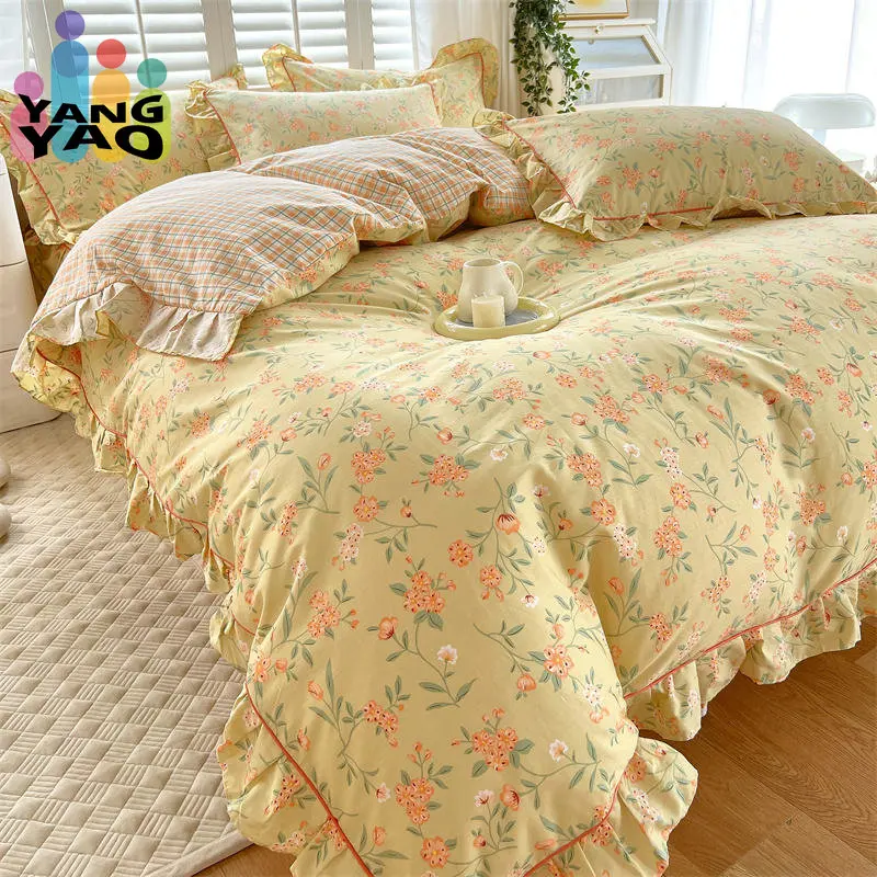 

Yaapeet 1pc 100%Cotton Duvet Cover Yellow Flower Printed housse de couette Single/Queen/King Cotton Quilt Cover with Ruffles