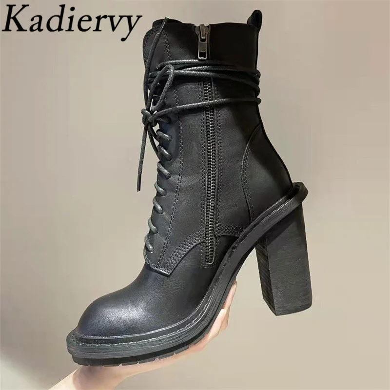 Black Martin Boots Women Chunky Heels Runway Shoes Lace Up Genuine Leather Short Boots Woman High Heels Motorcycle Boots Female
Black Martin Boots Women Chunky Heels Runway Shoes Lace Up Genuine Leather Short Boots Woman High Heels Motorcycle Boots Female
