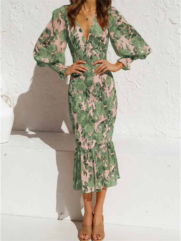 Thorn Tree Elegant Women Spring Autumn Dress Floral Leaves Print V-neck Puff Long Sleeve Elastic Waist Slim Fit Ruffle Hem Dress
Thorn Tree Elegant Women Spring Autumn Dress Floral Leaves Print V-neck Puff Long Sleeve Elastic Waist Slim Fit Ruffle Hem Dress