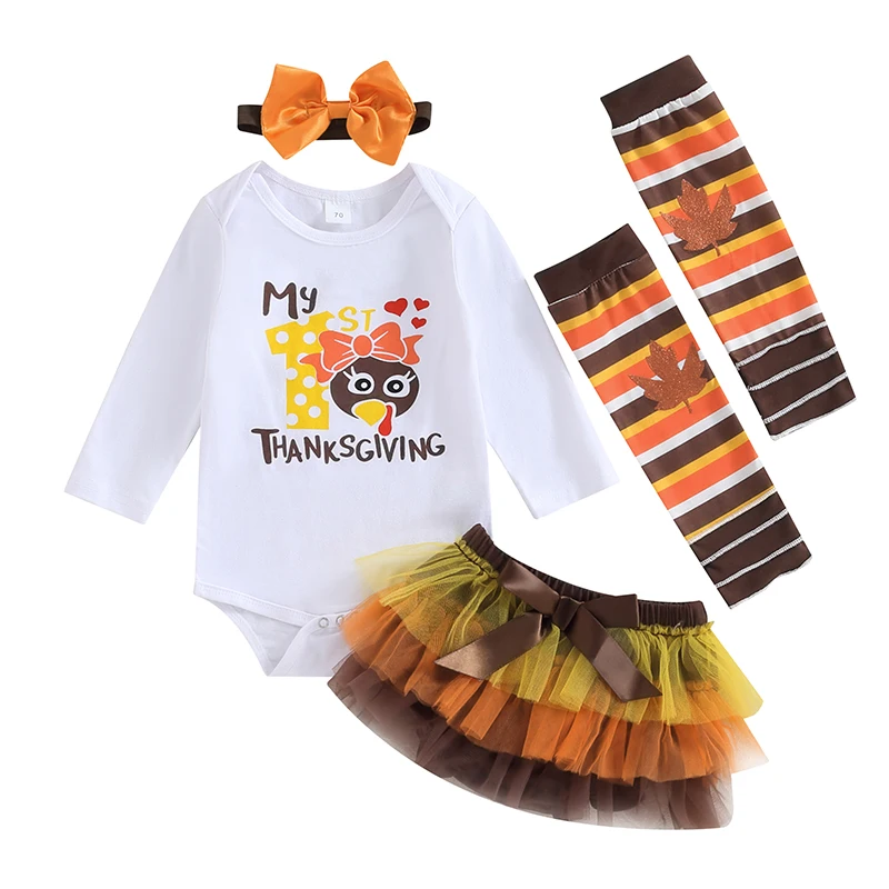 

Baby Girl 4Pcs Thanksgiving Outfits Long Sleeve Turkey Romper with Shorts Leg Warmers Headband Set Infant Clothes