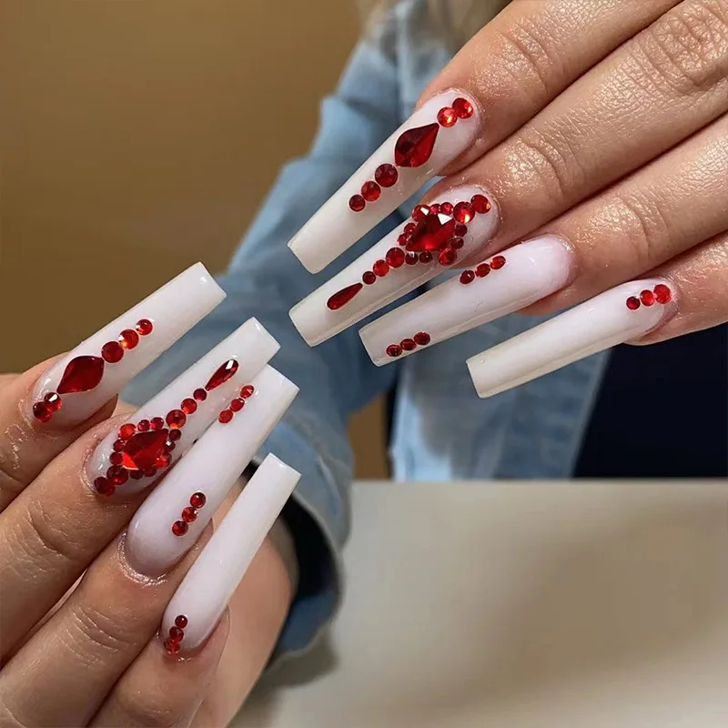 24Pcs/Box White Long Ballet False Nails With Glue Red Rhinestones Decoration Design French Wearable Press On Nails Manicure Tips
24Pcs/Box White Long Ballet False Nails With Glue Red Rhinestones Decoration Design French Wearable Press On Nails Manicure Tips