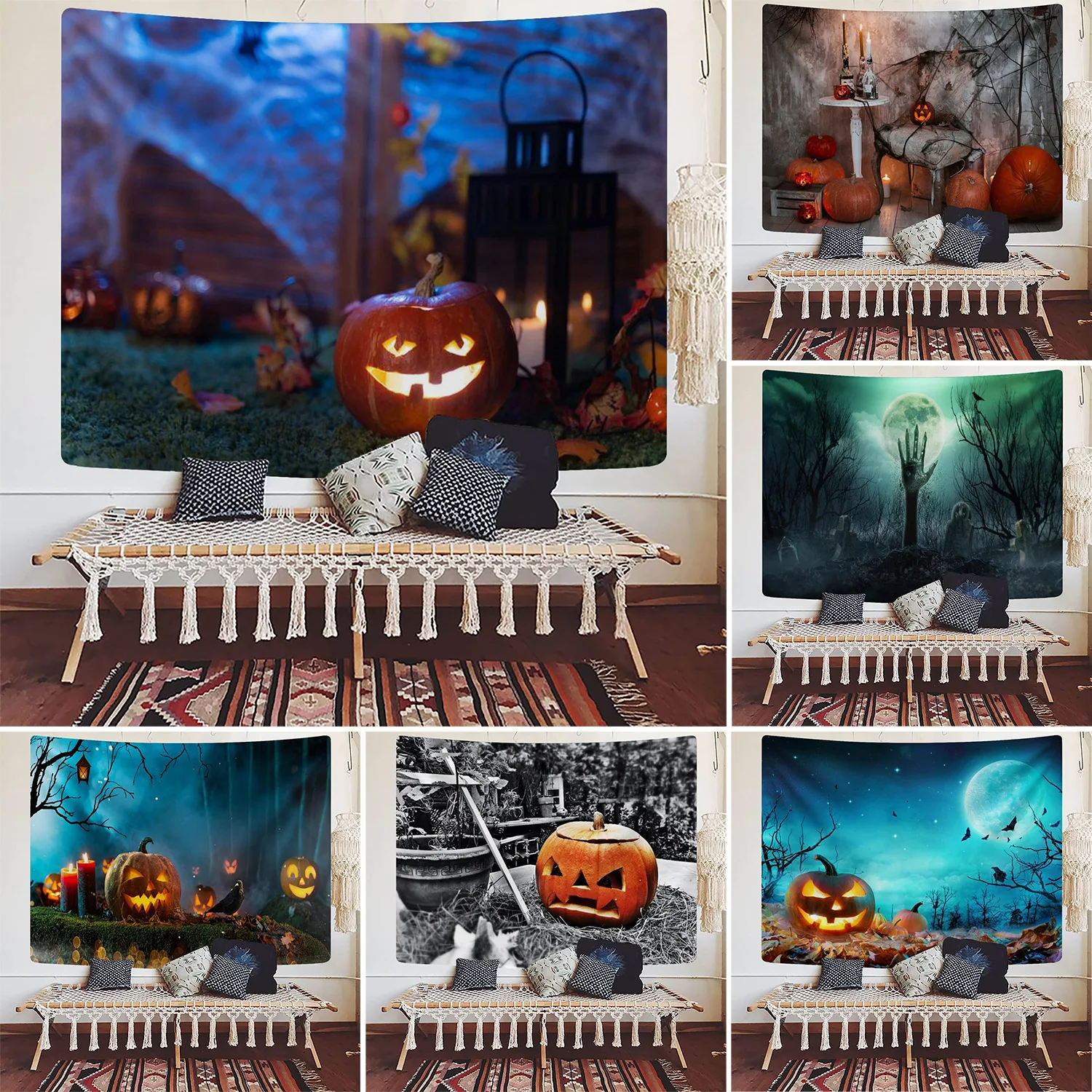 

Halloween Curtains Witch Bed Cover Haunted House Dormitory Occult Pumpkin Carpet Tapestry Bedding Wall Rugs Sofa Sets Home Decor