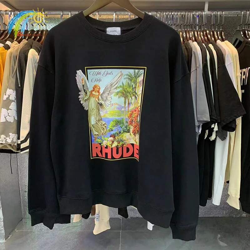 

2022FW 100% Cotton Black Apricot Splicing RHUDE Hoodie Men Women Heavy Fabric ANGEL With Gods Help Rhude Sweatshirts Loose