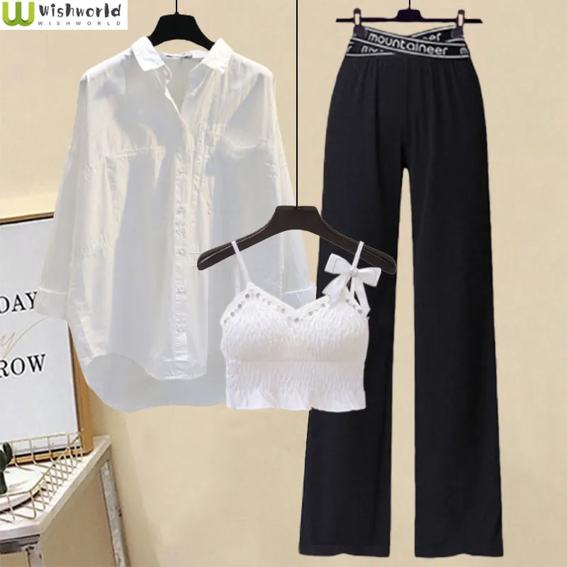 Spring and Summer Women's Suit 2022 New Style Waist Closing Slim Age Reducing Suspender Shirt Wide Leg Pants Three Piece Set
Spring and Summer Women's Suit 2022 New Style Waist Closing Slim Age Reducing Suspender Shirt Wide Leg Pants Three Piece Set