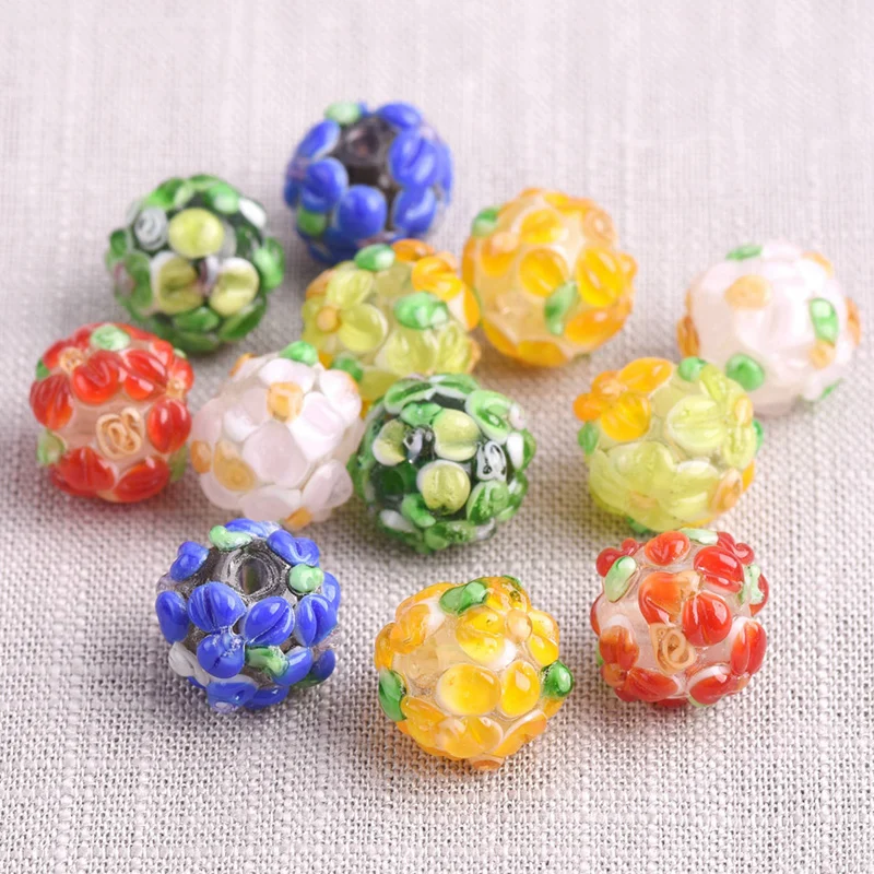 

5pcs Round Shape 12mm Charms Flower Petals Handmade Lampwork Glass Loose Beads for Jewelry Making DIY Crafts Findings