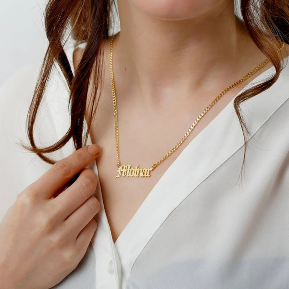 Personalized Customized Name Necklace Old English Font Stainless Steel Cuban Chian For Women Vintage Jewelry Accessories 
Personalized Customized Name Necklace Old English Font Stainless Steel Cuban Chian For Women Vintage Jewelry Accessories