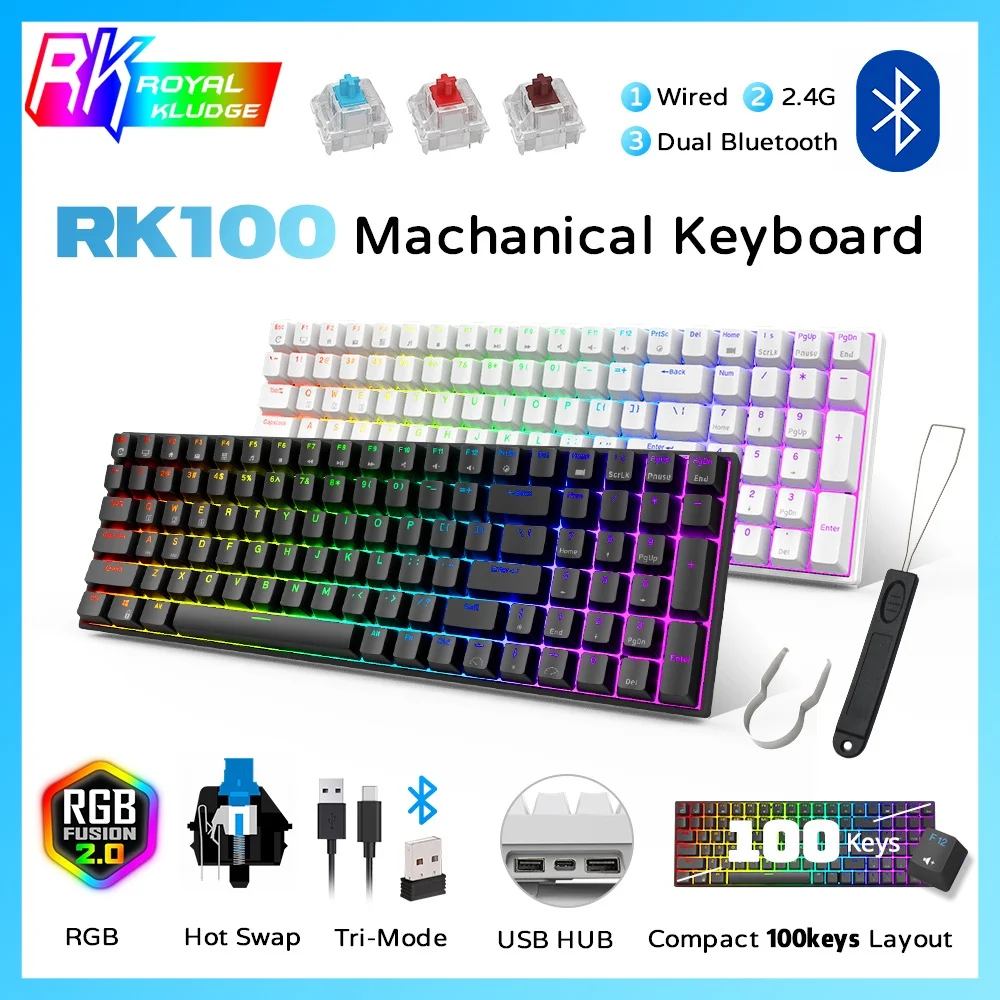Механическая игровая клавиатура Royal Kludge RK100 RGB проводная с поддержкой BT5.0/2 4G и 100
