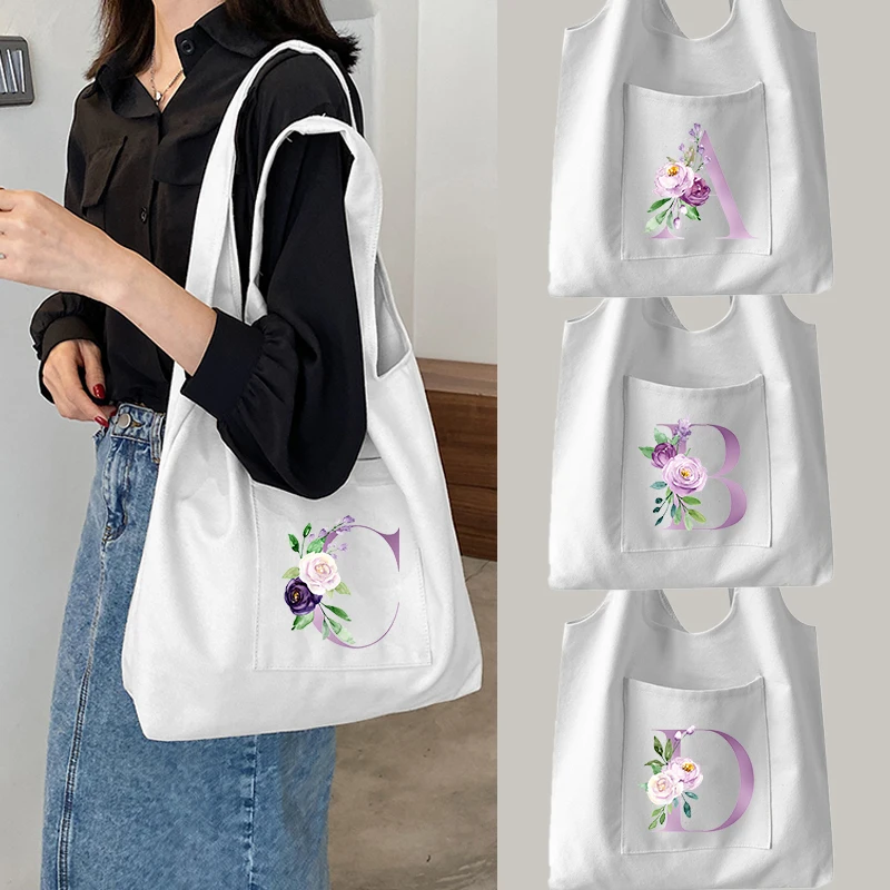 

Фиолетовые сумки для покупок с акварельными буквами, вместительная Холщовая Сумка, многоразовая женская сумка через плечо, портативная дорожная сумка для хранения