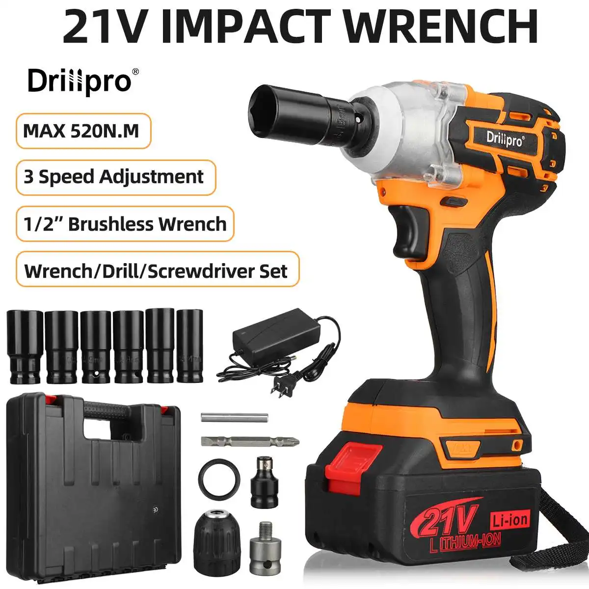 Гайковерт Drillpro ударный электрический, 21 в, 520 Н. М, бесщеточный, беспроводной, 1/2 ", патрон, 1 литийионный аккумулятор
Гайковерт Drillpro ударный электрический, 21 в, 520 Н. М, бесщеточный, беспроводной, 1/2 ", патрон, 1 литийионный аккумулятор