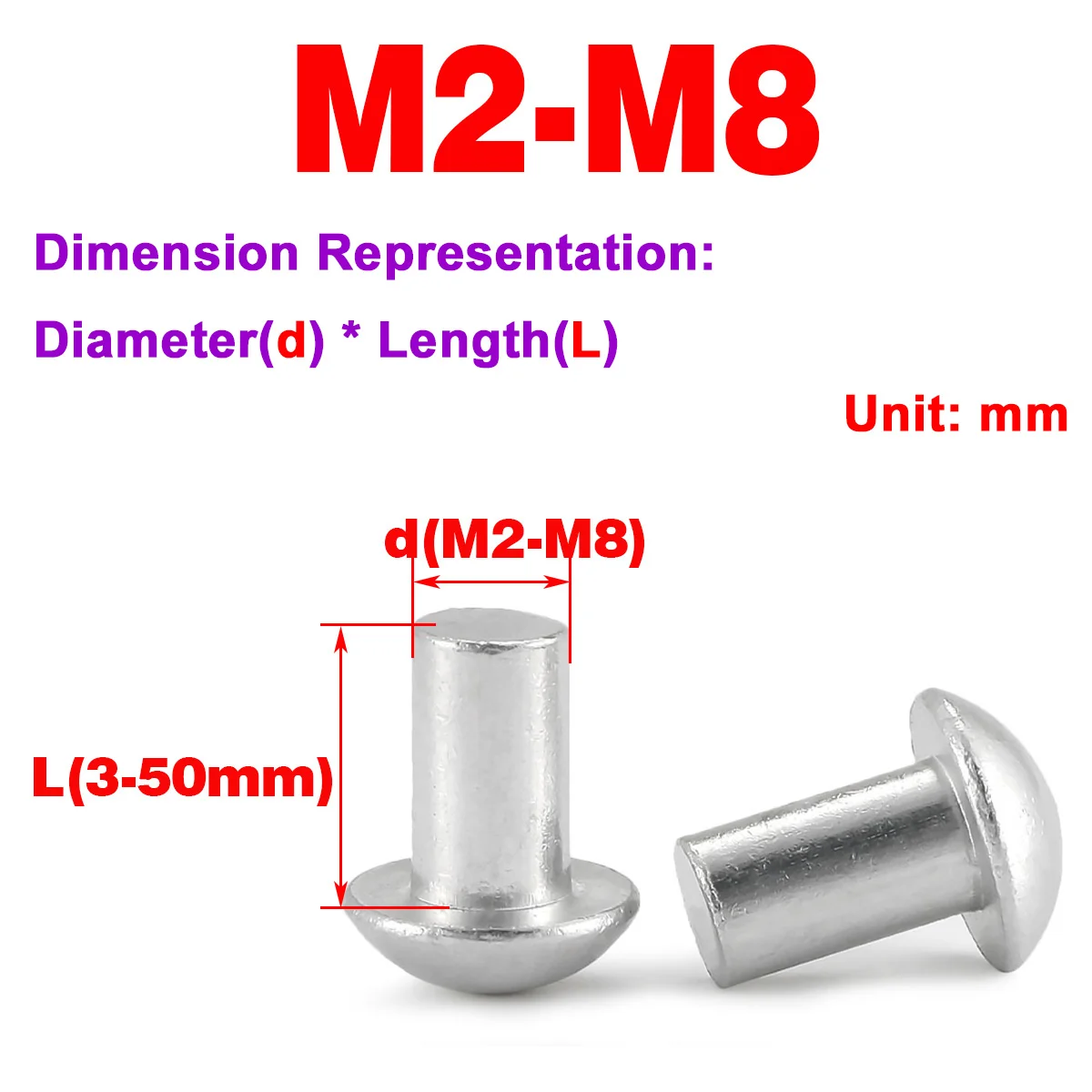 Half Round Head Solid Impact Type Aluminum Rivets M2M2.5M3M4M5M6M8 
Half Round Head Solid Impact Type Aluminum Rivets M2M2.5M3M4M5M6M8