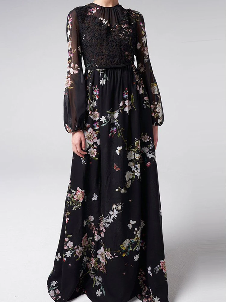 Women's Dress 2022 New Long-sleeved Temperament Elegant Slim Floral Lace Stitching Black Printed Chiffon Long Dress 
Women's Dress 2022 New Long-sleeved Temperament Elegant Slim Floral Lace Stitching Black Printed Chiffon Long Dress