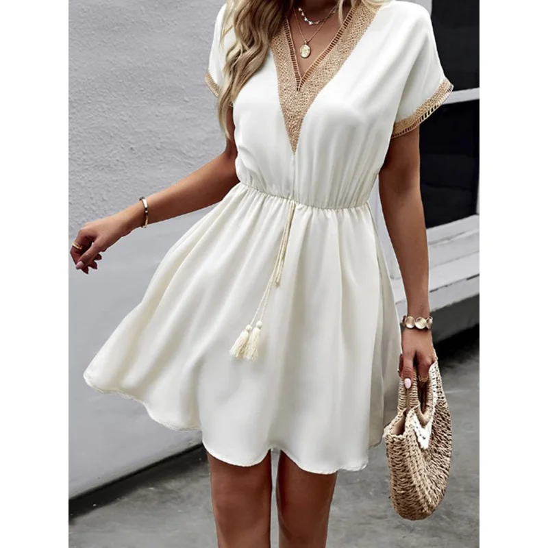 Women Solid Tassel Lace Up Mini Dresses Summer Vintage V Neck Loose Dress Ladies Casual Short Sleeve Beach Dress Vestidos
Women Solid Tassel Lace Up Mini Dresses Summer Vintage V Neck Loose Dress Ladies Casual Short Sleeve Beach Dress Vestidos