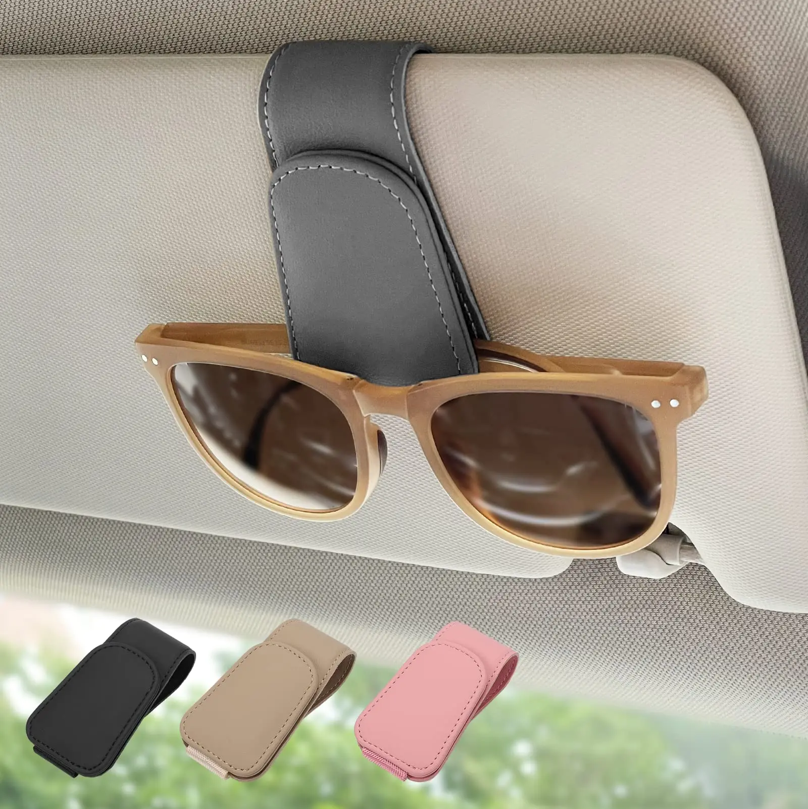 

Magnetic Leather Sunglass Holder, Eyeglass Hanger Clip for Car Sun Visor, Suitable for Different Size Eyeglasses (Gray)