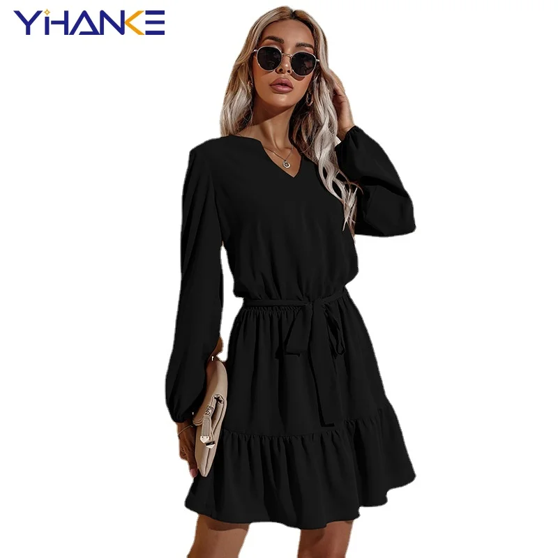 Casual Long Sleeve Solid Lace Up Dresses for Women Spring Autumn Fashion V-neck A-line Slim Dress Black Ruffles Robe Femme
Casual Long Sleeve Solid Lace Up Dresses for Women Spring Autumn Fashion V-neck A-line Slim Dress Black Ruffles Robe Femme