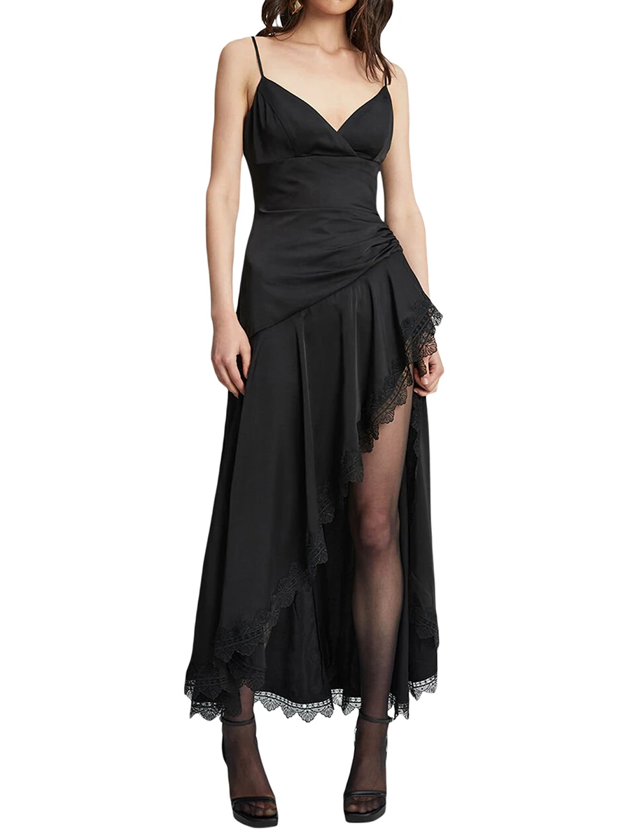 

Женское платье-комбинация без рукавов с V-образным вырезом и кружевной отделкой, летнее платье с разрезом, длинное платье для коктейля