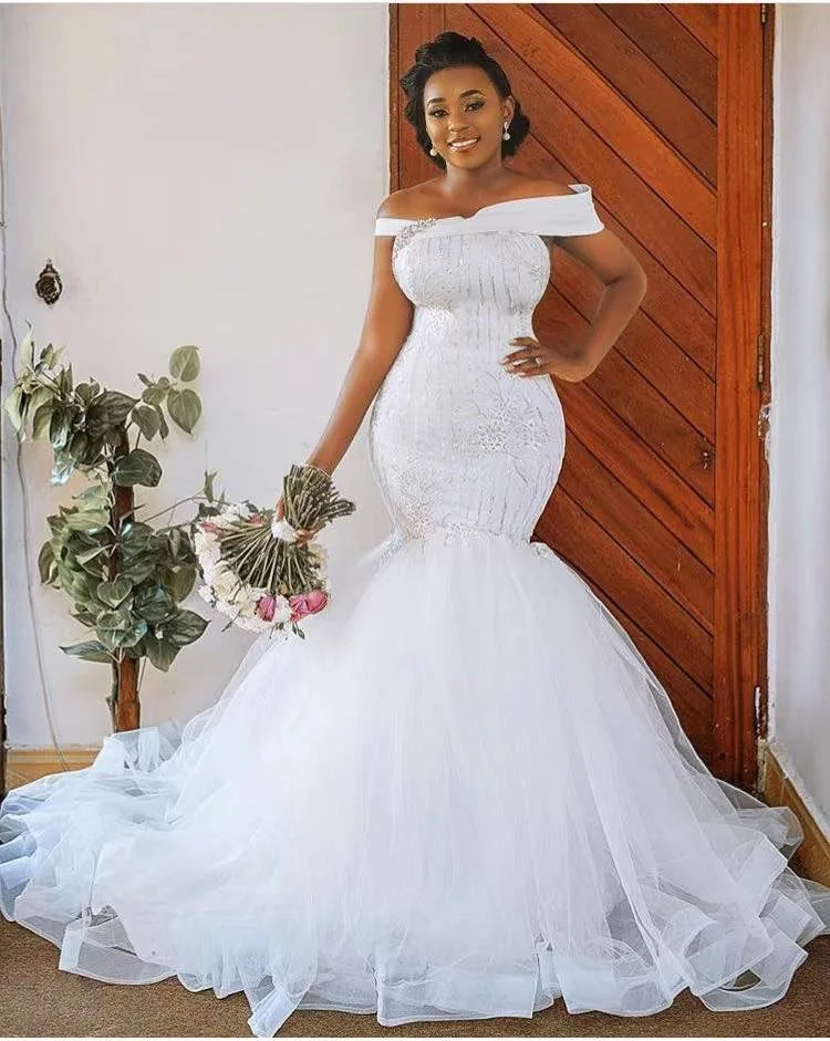 New Style Mermaid Beaded African Plus Size Wedding Dresses White Off Shoulder Bridal Dress 2023