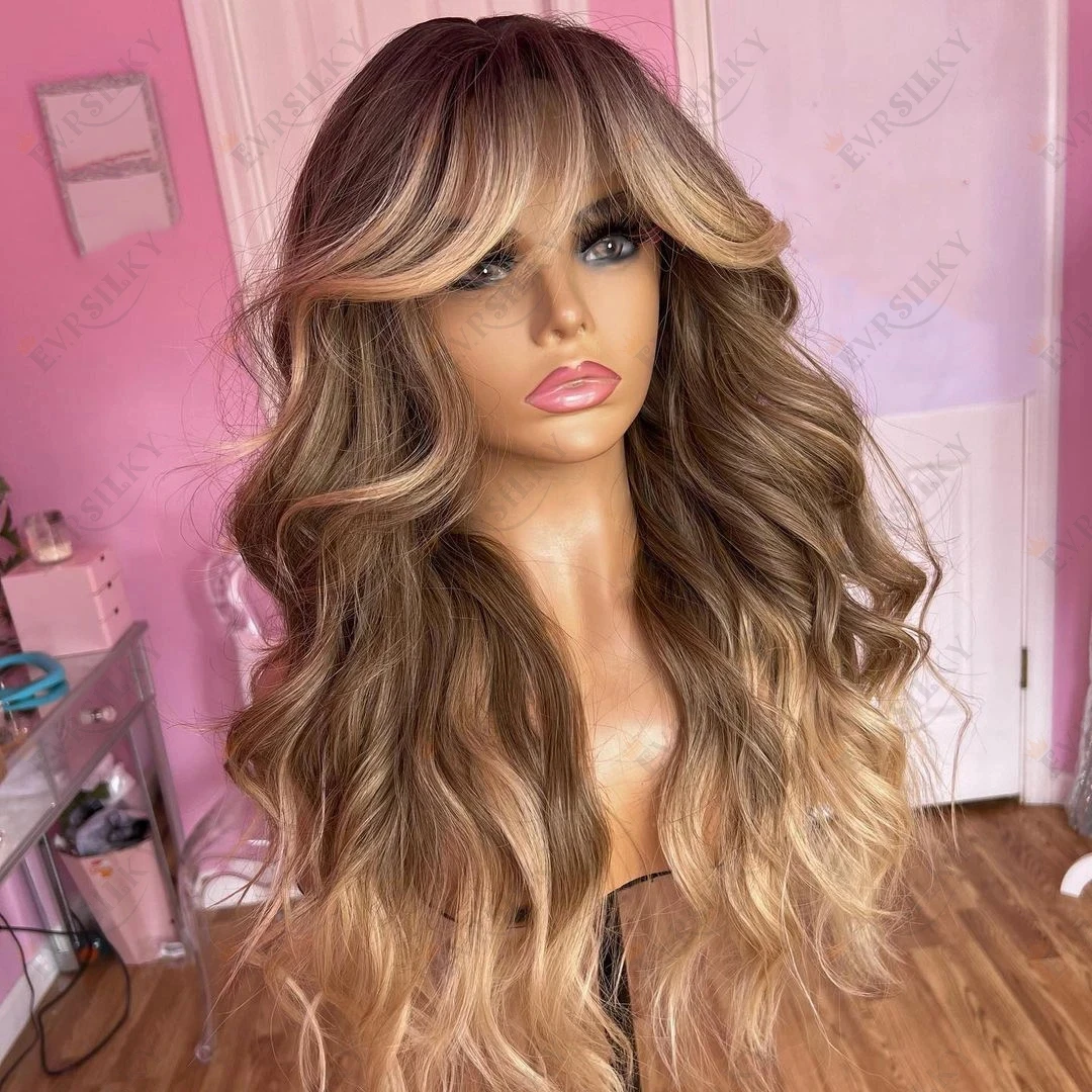 

Wavy Ombre Honey Blonde Human Hair Wigs With Bangs Remy Brazilian Cheap Full Machine Made Wig For Women Fringe Glueless Silk Top