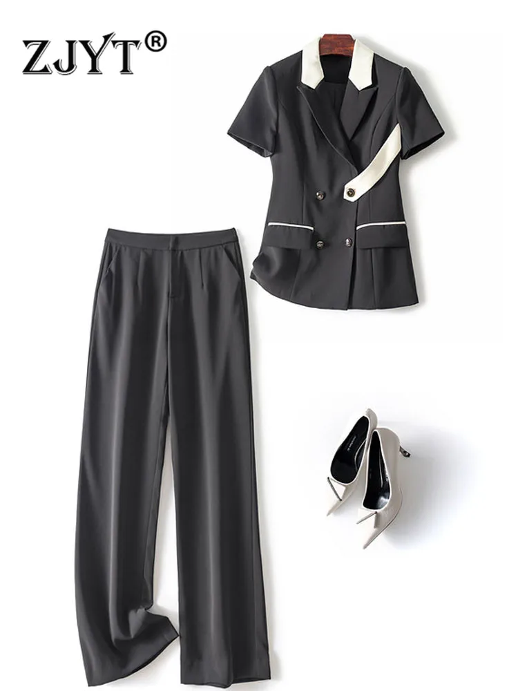 

Элегантный деловой офисный костюм ZJYT из двух предметов, женский костюм с топом с коротким рукавом и брюками, летняя Рабочая одежда