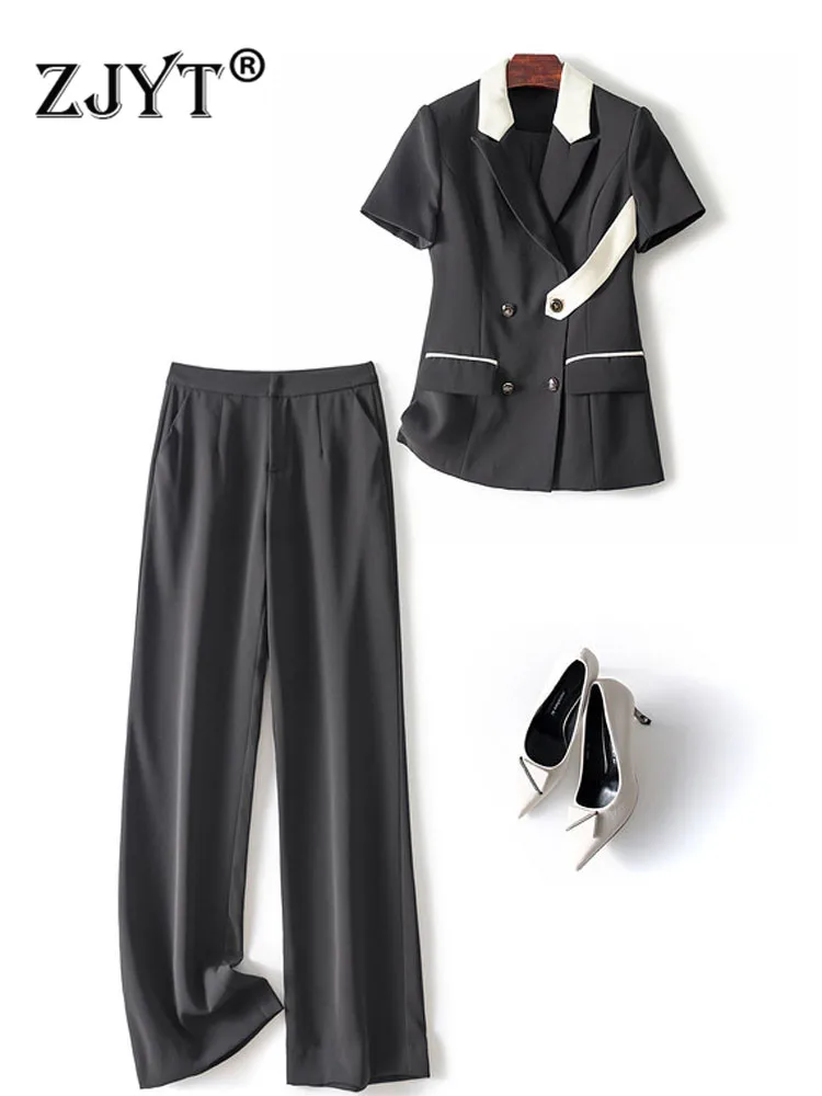 ZJYT Elegant Lady Office Blazer Suits Pants 2 Pieces Womens Outfits Short Sleeve Top and Trousers Sets Work Wear Summer New 2022
ZJYT Elegant Lady Office Blazer Suits Pants 2 Pieces Womens Outfits Short Sleeve Top and Trousers Sets Work Wear Summer New 2022