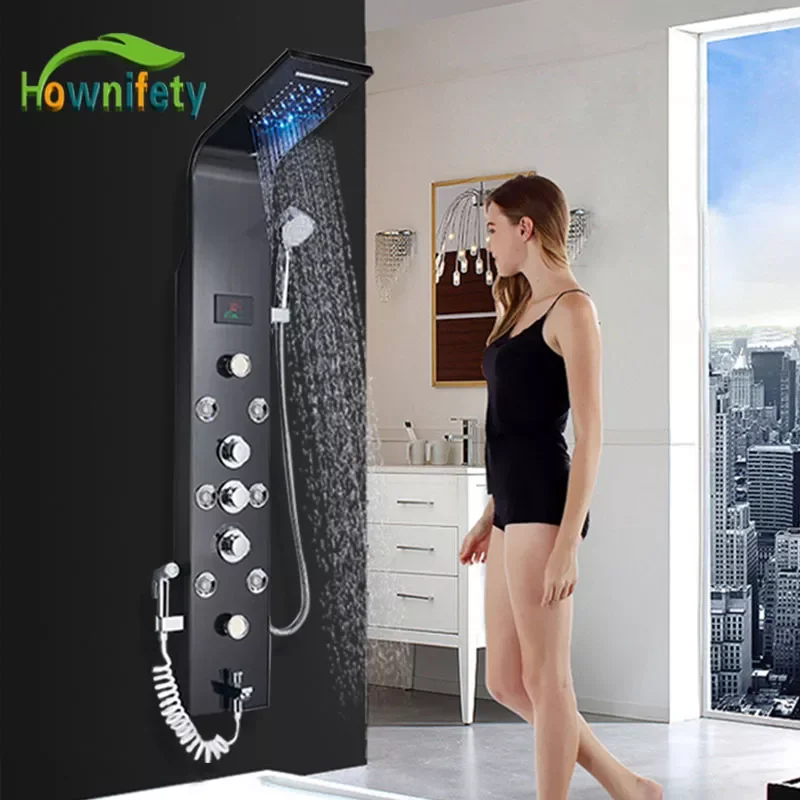Black Shower Pannel Column Led Bathroom Shower Systems Hot Cold Multi-Fuction Shower Rainfall Waterfall Head Massage LCD Screen
Black Shower Pannel Column Led Bathroom Shower Systems Hot Cold Multi-Fuction Shower Rainfall Waterfall Head Massage LCD Screen