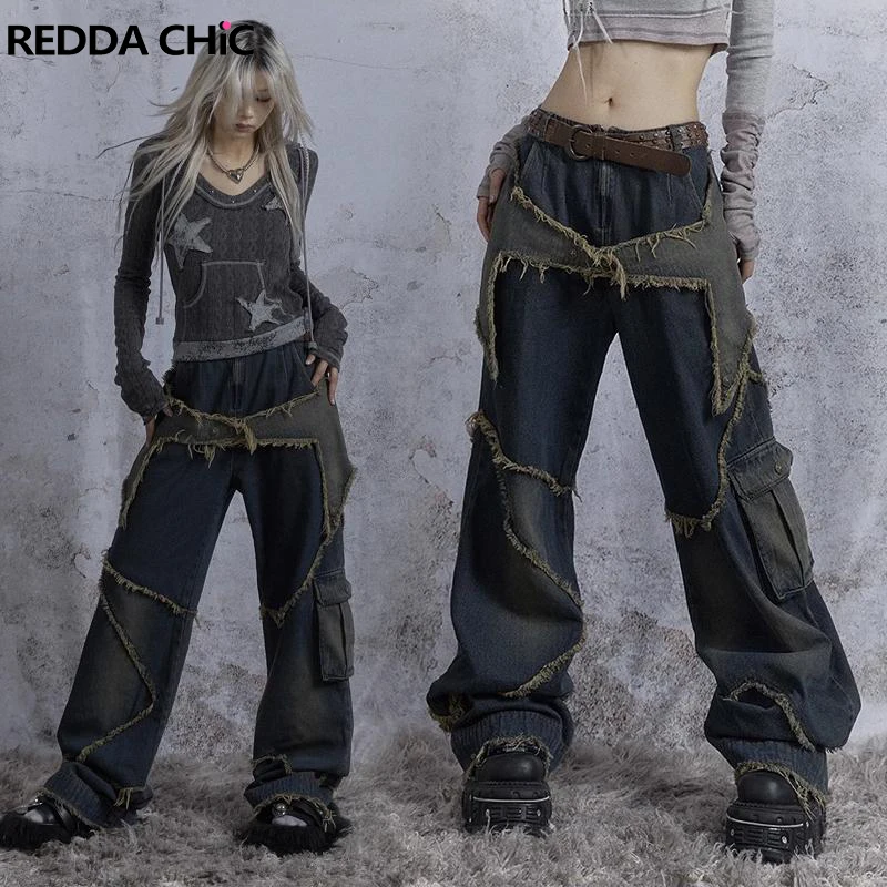 

REDDACHiC Star Splicing Baggy Jeans for Women High Rise Raw Hem Loose Wide Leg Cargo Pants Vintage Y2k Grunge Hip-hop Streetwear