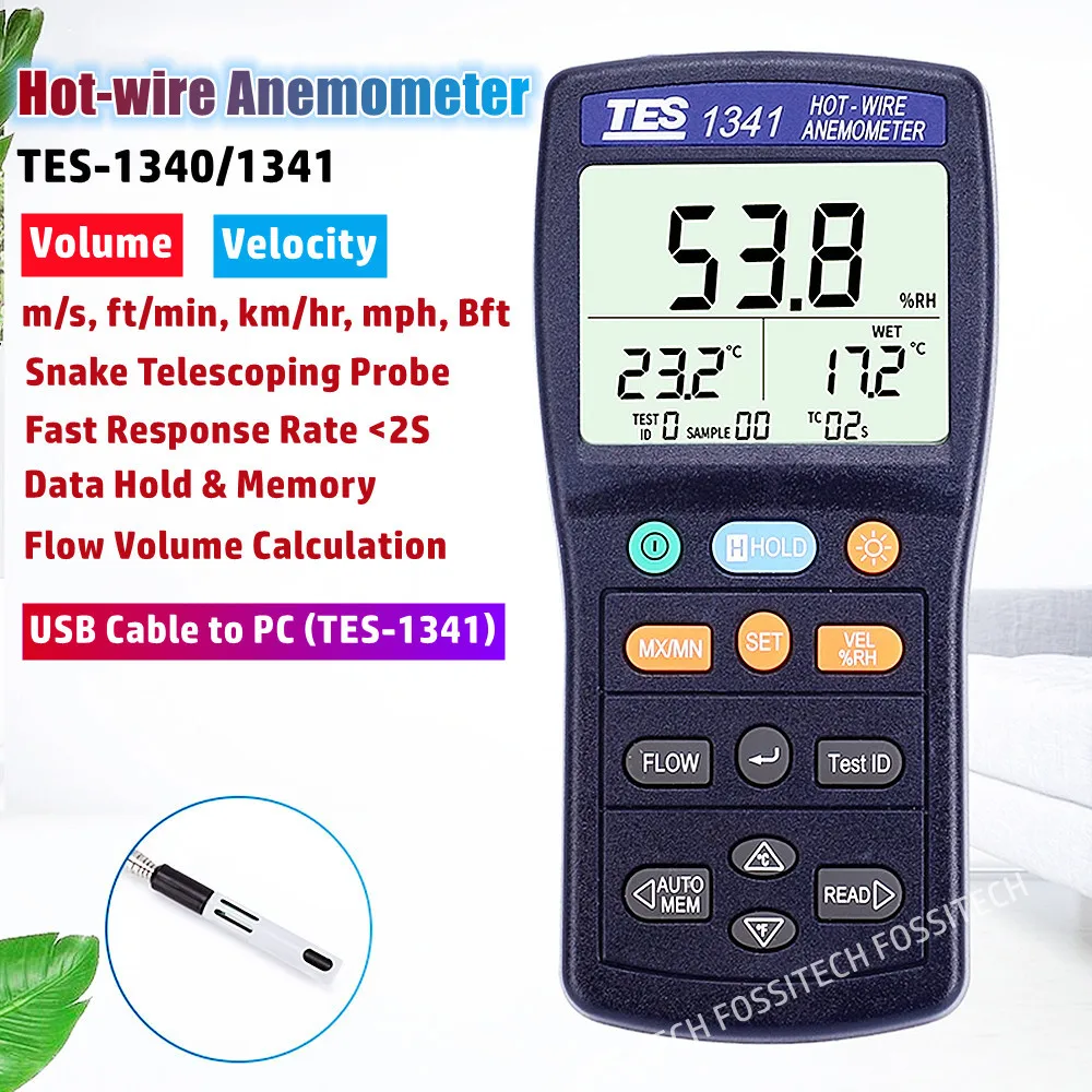 TES-1340 TES-1341 Hot-wire Anemometer TES1340 TES1341 Thermo Air Wind Velocity Wind Flow Tester with Snake Telescopic Probe
TES-1340 TES-1341 Hot-wire Anemometer TES1340 TES1341 Thermo Air Wind Velocity Wind Flow Tester with Snake Telescopic Probe