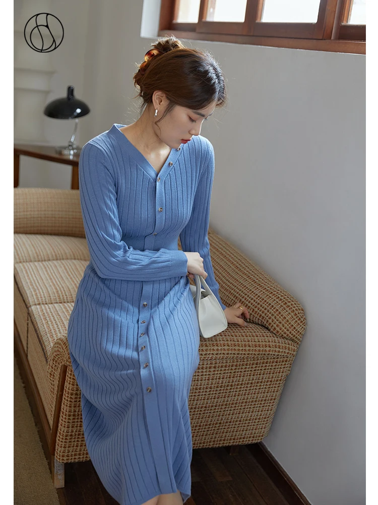 DUSHU Women's Winter Black V-neck Knitted Skirts Single Row Button Decoration Waist Slim Dress Women's Long Blue Bottoming Dress
DUSHU Women's Winter Black V-neck Knitted Skirts Single Row Button Decoration Waist Slim Dress Women's Long Blue Bottoming Dress