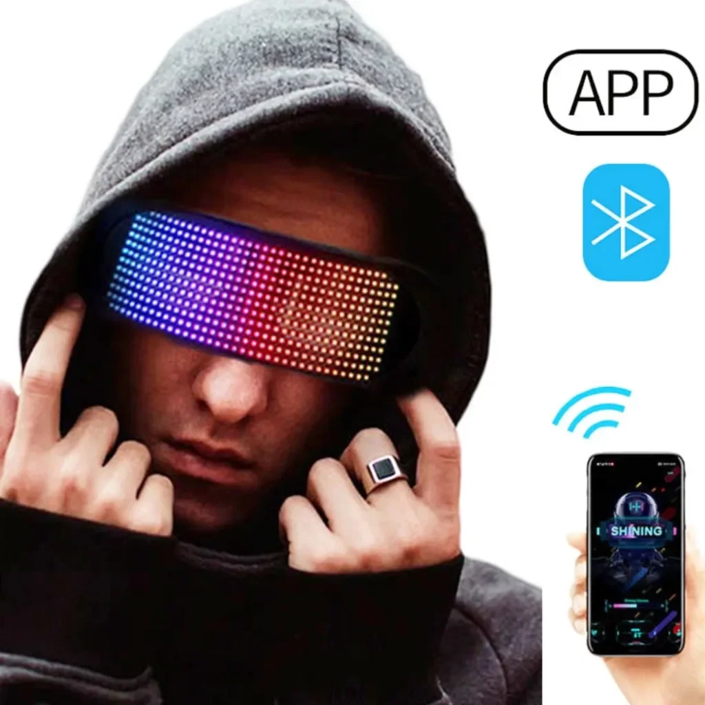 LED Luminous Bluetooth Glasses APP Dynamic Full Color Glass Futuristic Electronic Visor Glasses for Festival Bar Party Props 
LED Luminous Bluetooth Glasses APP Dynamic Full Color Glass Futuristic Electronic Visor Glasses for Festival Bar Party Props