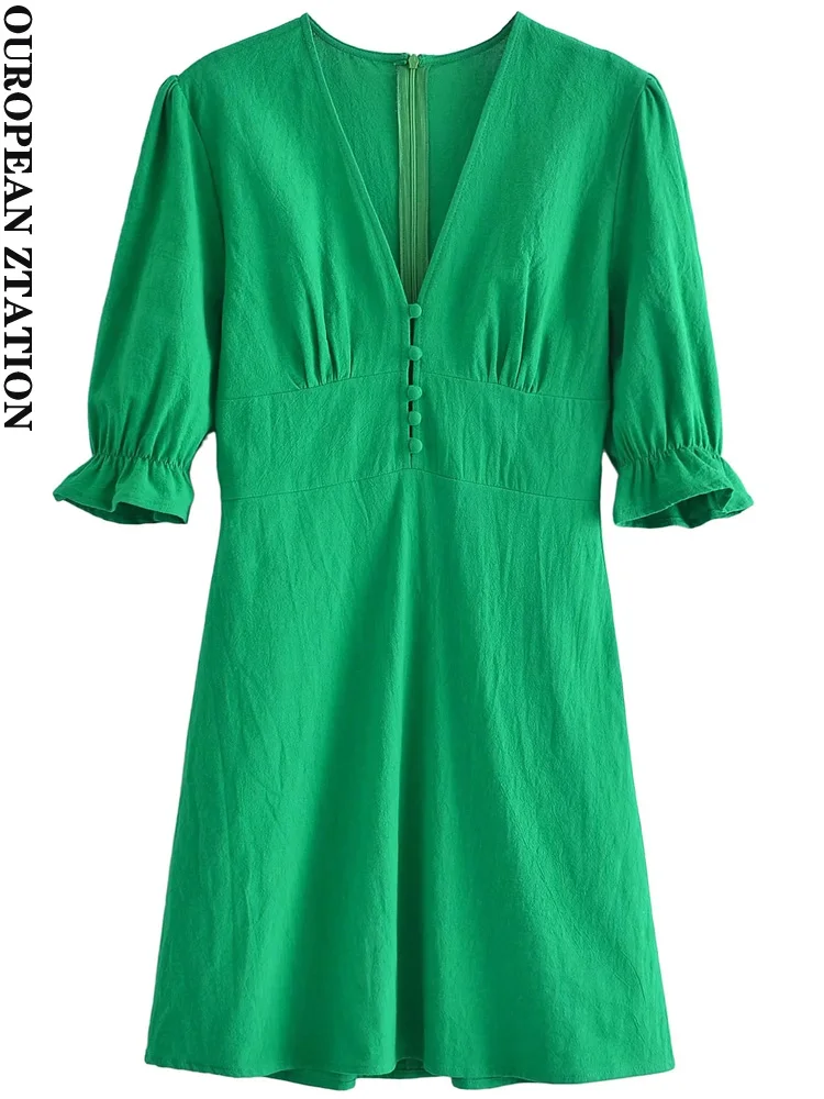 PAILETE Women 2022 fashion french front buttons linen green mini dress vintage v neck short sleeve female dresses vestidos mujer
PAILETE Women 2022 fashion french front buttons linen green mini dress vintage v neck short sleeve female dresses vestidos mujer