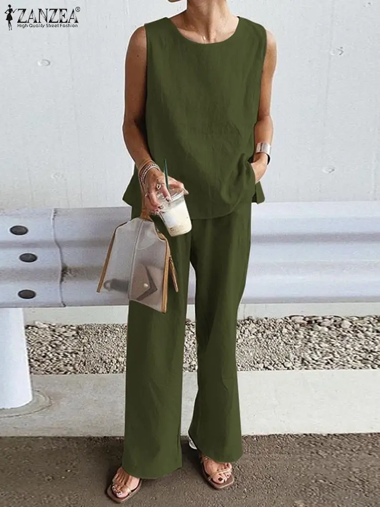 2022 ZANZEA Women Summer Matching Sets Suit Sleeveless O-Neck Blouse Elastic Cotton Side Pockets Vintage Loose Wide Leg Trouser
2022 ZANZEA Women Summer Matching Sets Suit Sleeveless O-Neck Blouse Elastic Cotton Side Pockets Vintage Loose Wide Leg Trouser