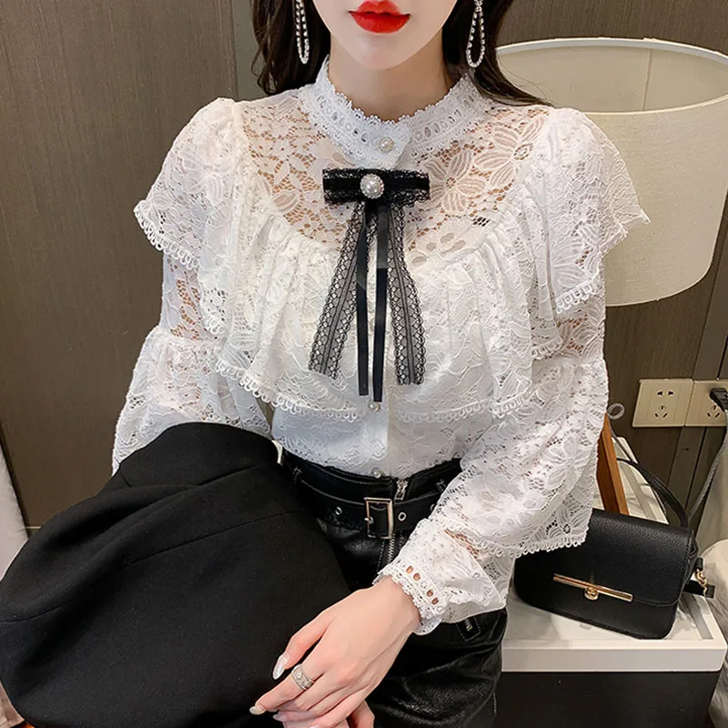 Elegant Fashion Lace Blouse Spring Cutout Flower Ruffle Top Bow Beaded Long Sleeve Ladies Blouse Versatile Women's White Top
Elegant Fashion Lace Blouse Spring Cutout Flower Ruffle Top Bow Beaded Long Sleeve Ladies Blouse Versatile Women's White Top