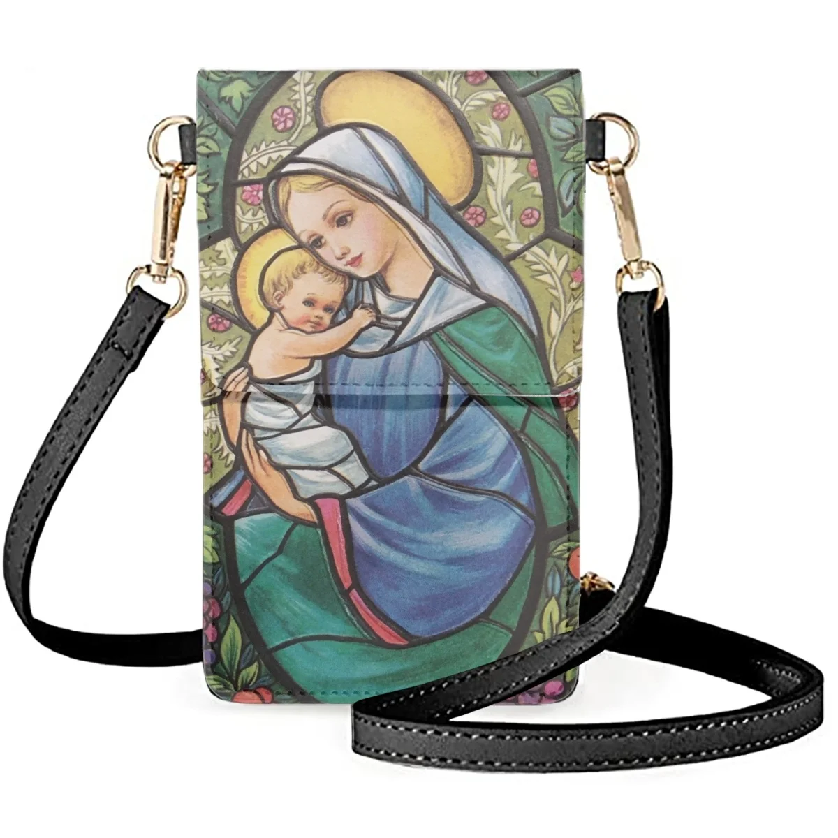 

FORUDESIGNS Sacred Saintess Print Leather Shoulder Bag Street Style Messengers Multi Pocket Phone Bag Diagonal Satchel Fashion