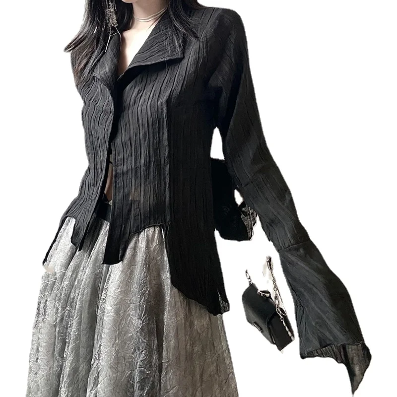 

Karrram готическая Черная рубашка в стиле Ямамото темная Эстетическая Блузка Женская Асимметричная Дизайнерская одежда эмо альт одежда гранж ...