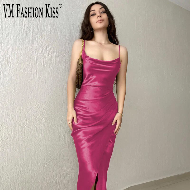 

VM FASHION KISS Summer Sleeveless Sexy Low Cut Satin Slit Sling Dress New Party Club Slim Fit Backless Chiffon Dress