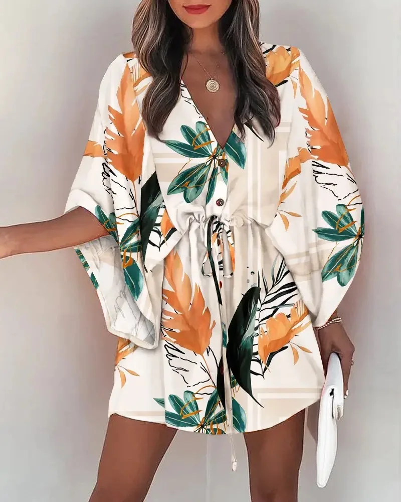 Summer Loose Mini Dress Women Fashion Print V Neck Batwing Sleeves Button Lace-up Mini Dress
Summer Loose Mini Dress Women Fashion Print V Neck Batwing Sleeves Button Lace-up Mini Dress