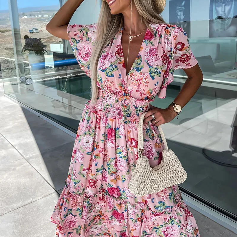 Платье женское Плиссированное с коротким рукавом, элегантный пляжный длинный сарафан в стиле бохо, с цветочным принтом и V-образным вырезом, с оборками, на лето 
Платье женское Плиссированное с коротким рукавом, элегантный пляжный длинный сарафан в стиле бохо, с цветочным принтом и V-образным вырезом, с оборками, на лето