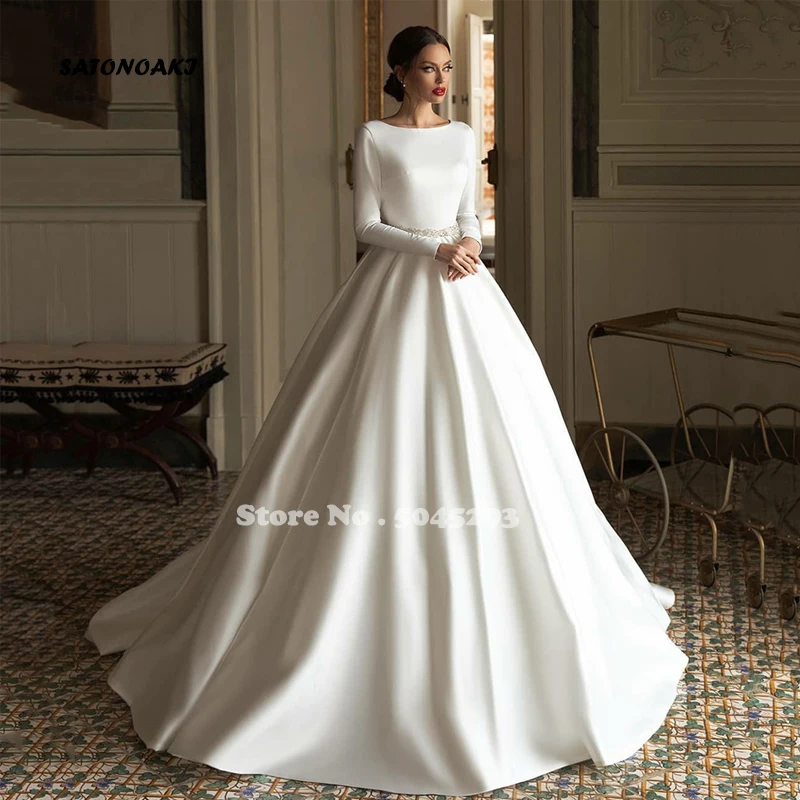 Elegant Ivory Simple Satin Wedding Dress Long Sleeves Open Back Vestidos De Novia Scoop Neck Beading Belt Princess Robe Mariée
Elegant Ivory Simple Satin Wedding Dress Long Sleeves Open Back Vestidos De Novia Scoop Neck Beading Belt Princess Robe Mariée