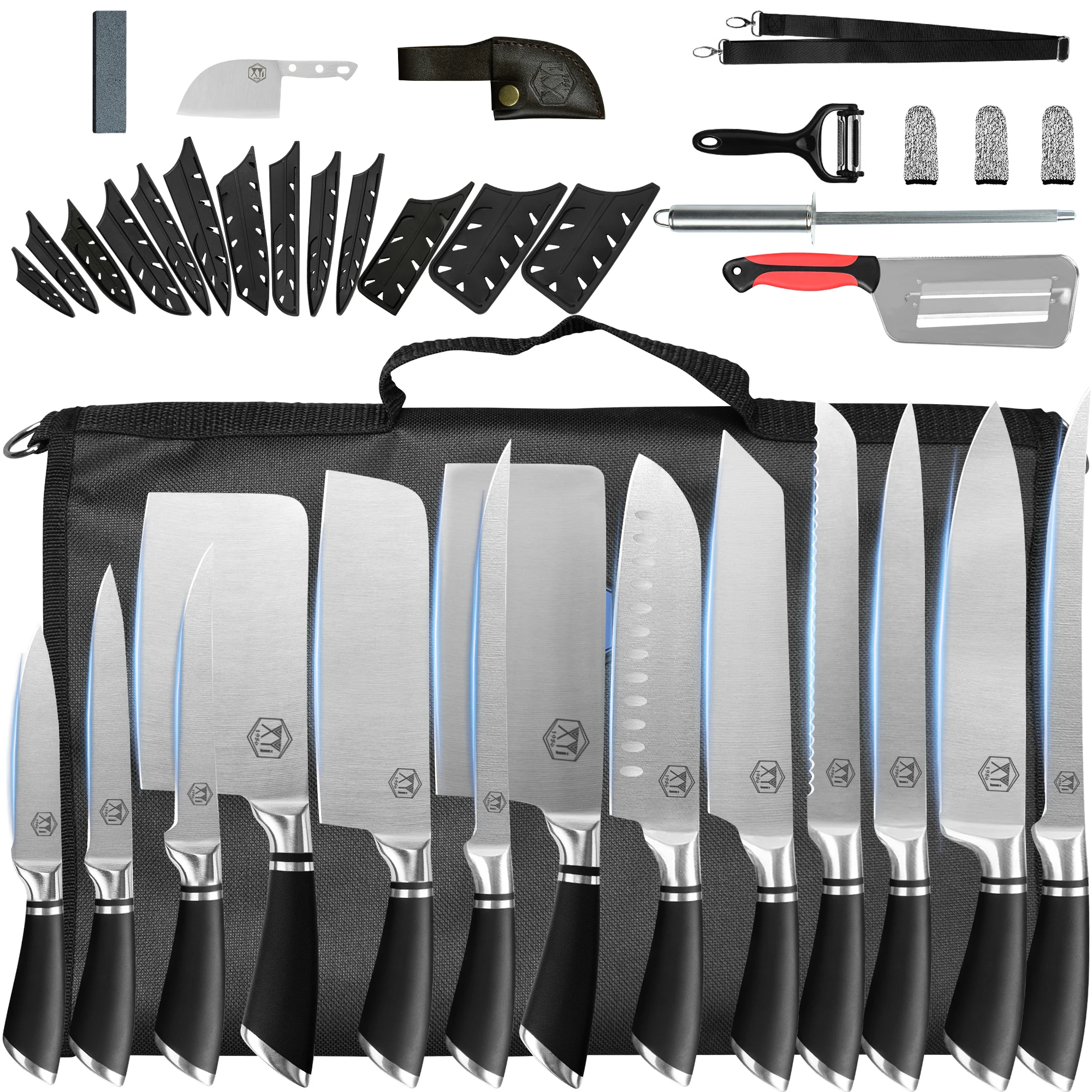 Zemen Professional Chef Knives Set Stainless Steel Fruit Paring Santoku Chef Slicing Bread Knife With Roll Bag Sharpener Rod
Zemen Professional Chef Knives Set Stainless Steel Fruit Paring Santoku Chef Slicing Bread Knife With Roll Bag Sharpener Rod