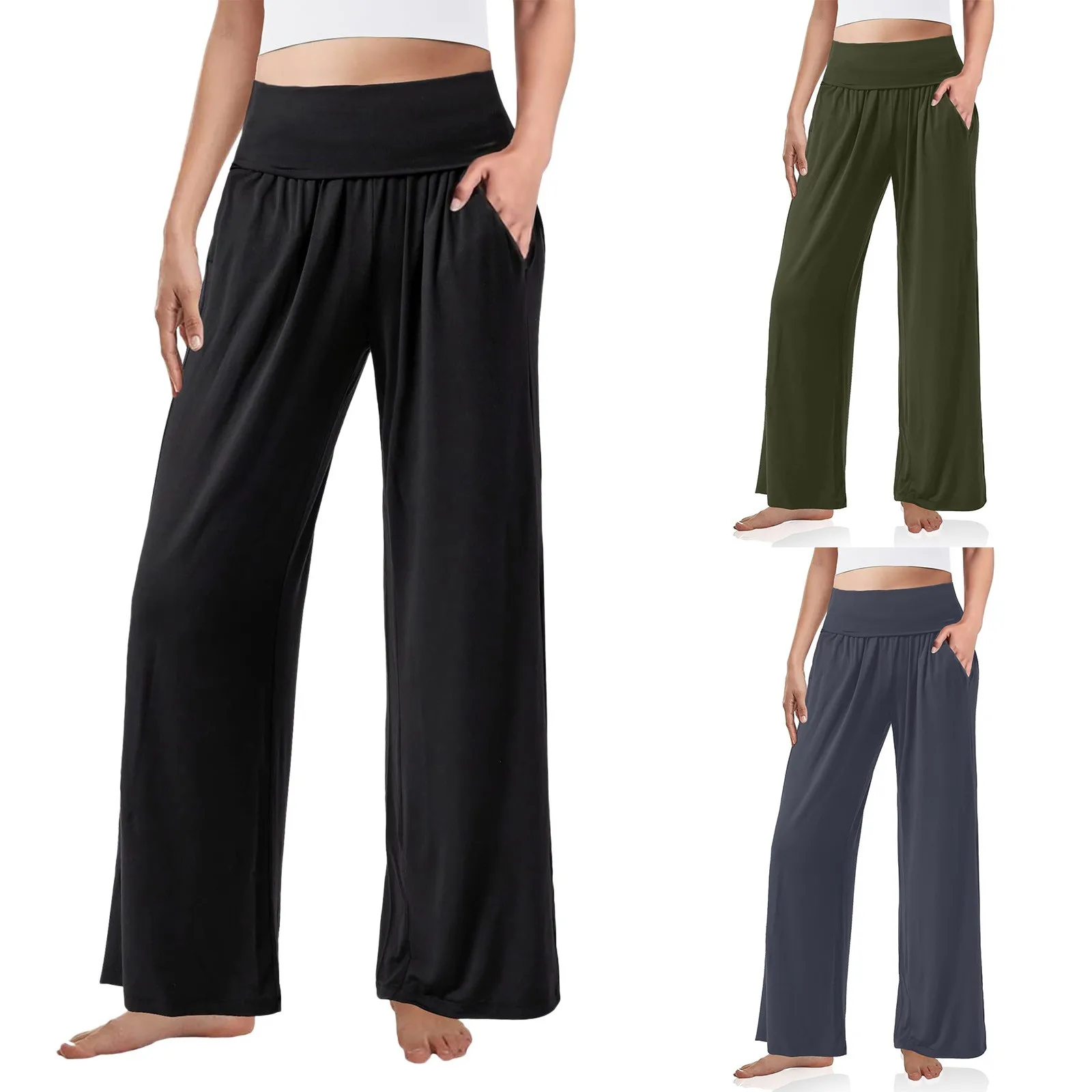 

Женские Штаны Для Йоги, спортивные штаны с широкими штанинами, штаны Палаццо с высокой талией, пижамы для женщин, повседневные строгие брюки для женщин с карманами