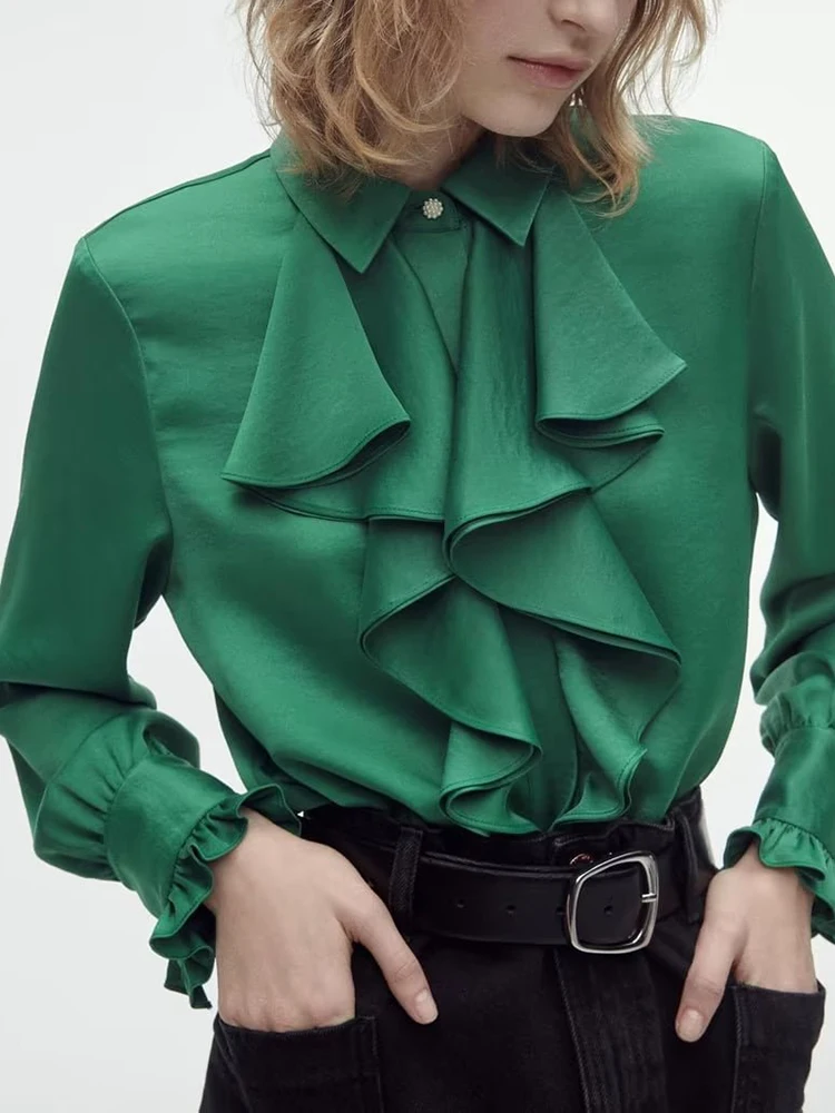 Ruffles Satin Elegant Female Shirts Turn Down Collar Long Sleeve Single Breasted Loose Women Blouse Casual Office Lady Shirt New
Ruffles Satin Elegant Female Shirts Turn Down Collar Long Sleeve Single Breasted Loose Women Blouse Casual Office Lady Shirt New
