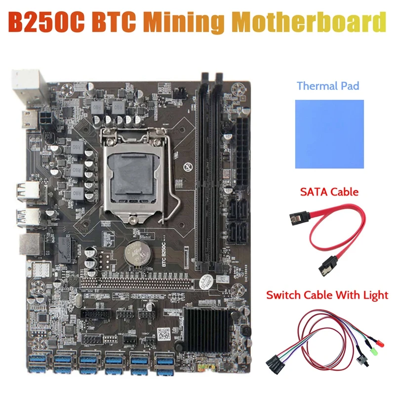 B250C Miner Motherboard+Switch Cable With Light+Thermal Pad+SATA Cable 12 PCIE To USB3.0 Graphics Card Slot LGA1151 DDR4
B250C Miner Motherboard+Switch Cable With Light+Thermal Pad+SATA Cable 12 PCIE To USB3.0 Graphics Card Slot LGA1151 DDR4