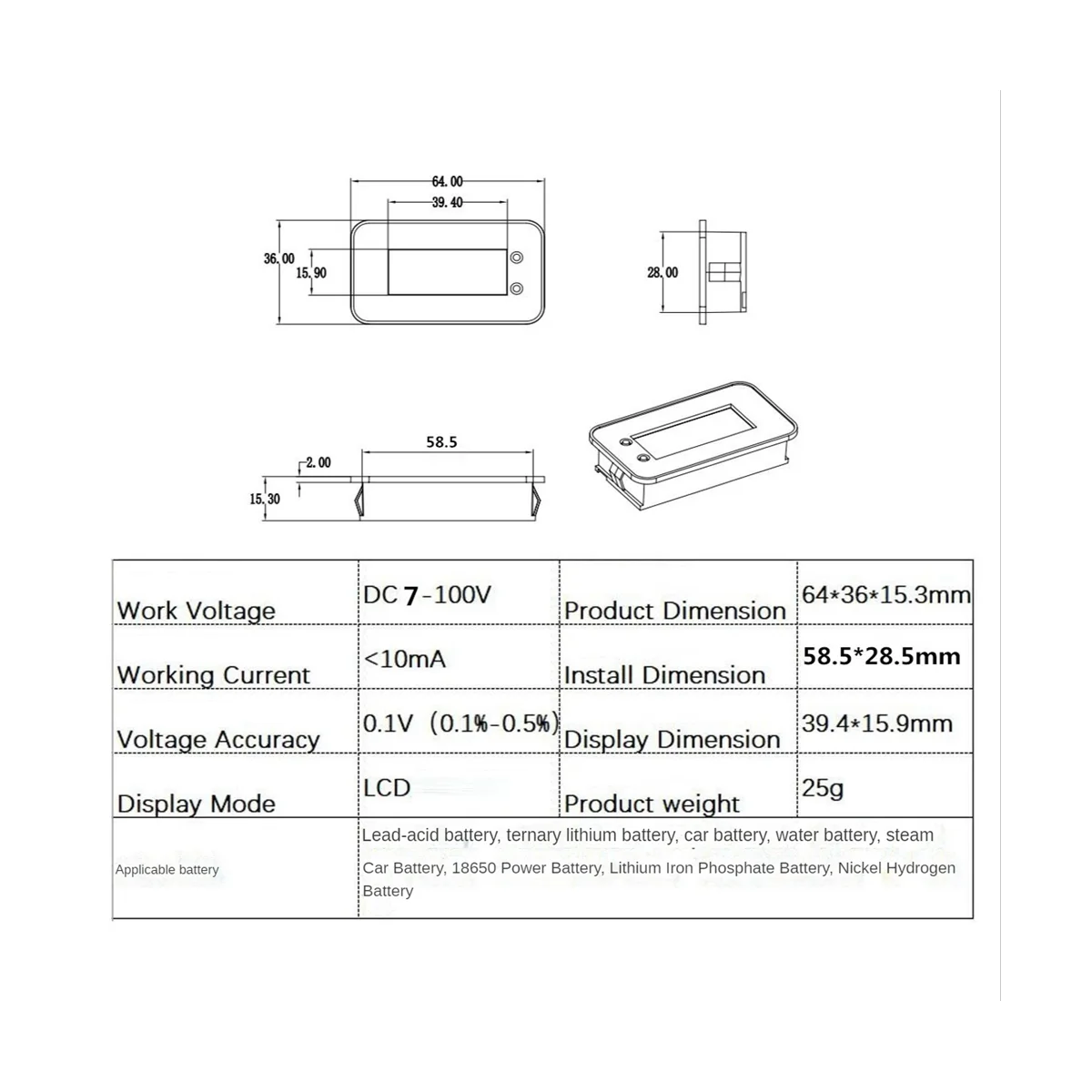 7-100V Digital Battery Capacity Tester Battery Monitor Voltage Temperature Switch Meter for Car Ships, IPX7 Waterproof
7-100V Digital Battery Capacity Tester Battery Monitor Voltage Temperature Switch Meter for Car Ships, IPX7 Waterproof