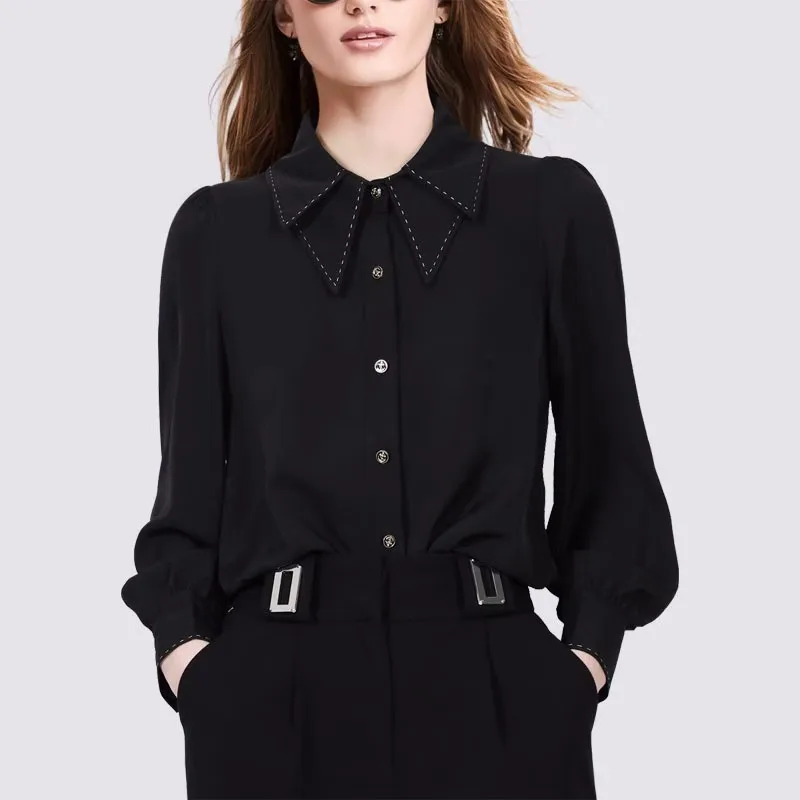 

Рубашка женская с длинным рукавом, шикарная блузка с воротником «Питер Пэн», Элегантная модная офисная одежда с оборками, черный цвет, весна-лето