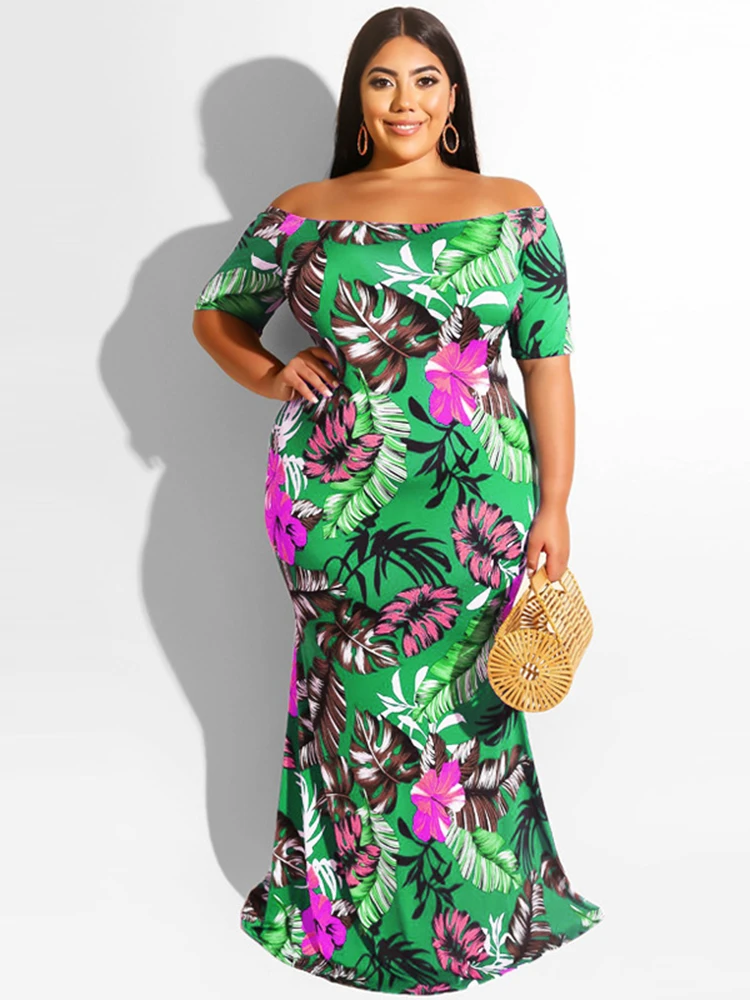 

ZJFZML ZZ Plus Size Trumpet Maix Dresses Summer Women's Clothing 2022 Vintage Slash Neck Short Sleeve Floral Print Beach Dress