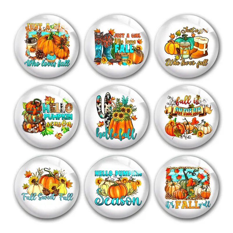 

Thanksgiving Autumn Fall Leaves Pumpkin Pies Round Photo Glass Cabochon Demo Flat Back DIY Jewelry Making Supplies Snap Button