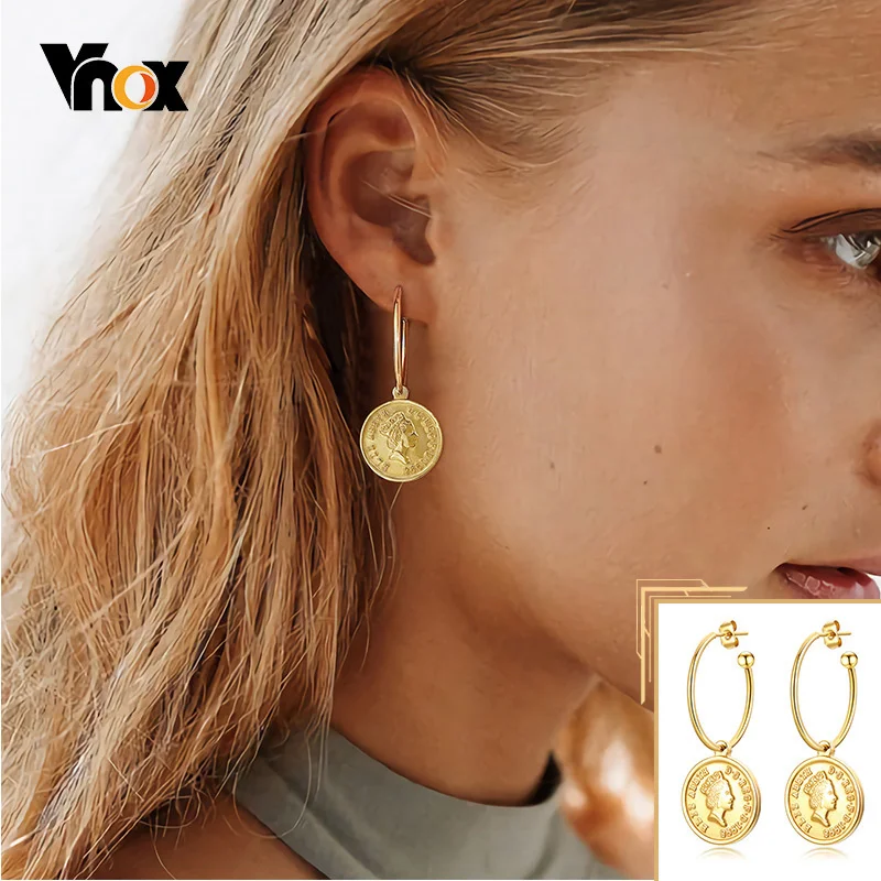 

Vnox Elizabeth Coin Hoop Earrings for Women, Gold Color Stainless Steel Round Drop Dangle Ear Jewelry, Chic Lady Punk Accessory