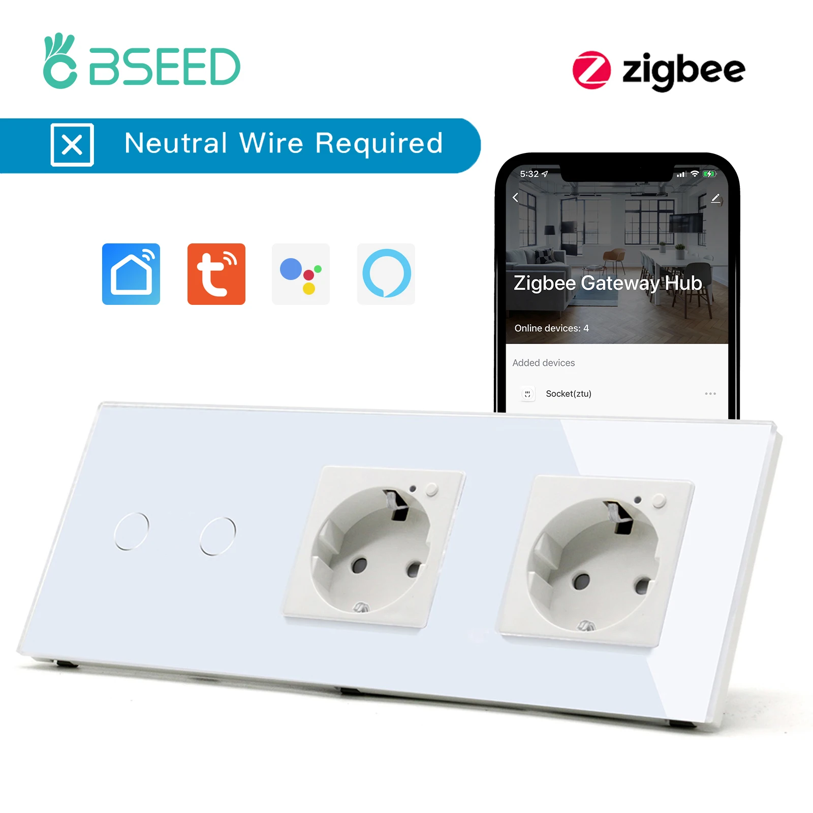 BSEED Zigbee Switch Alexa 1/2/3Gang Smart Touch Switch With Double Zigbee Tuya Sockets EU Work With Google Assistant Smart Life 
BSEED Zigbee Switch Alexa 1/2/3Gang Smart Touch Switch With Double Zigbee Tuya Sockets EU Work With Google Assistant Smart Life