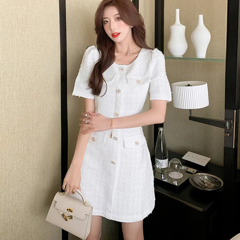 Женское твидовое платье с коротким рукавом, однотонное Повседневное платье в Корейском стиле, лето 2022 
Женское твидовое платье с коротким рукавом, однотонное Повседневное платье в Корейском стиле, лето 2022