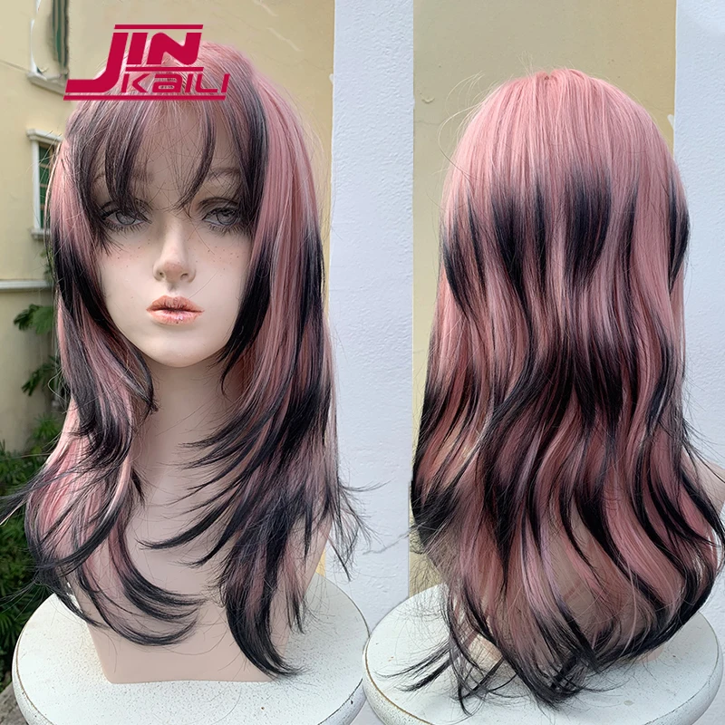 

JINKAILI 45cm Synthetic Long Wavy Cosplay Wig With Bangs Pink Gradient Black Lolita Wig Women Halloween Cosplay Wigs Female Wig